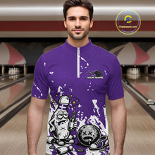 Load image into Gallery viewer, Male model in a bowling lane wearing a purple and white quarter-zip shirt, splatter-style humorous bowling pin illustration with beer bottle and ball.