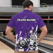 Load image into Gallery viewer, Male model at a bowling lane wearing a purple and white quarter-zip shirt, playful splatter drunk bowling pin artwork with beer and bowling ball.