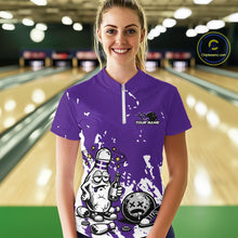 Load image into Gallery viewer, Front view female model in purple and white quarter zip bowling shirt in bowling lane, playful bowling pin beer drinking illustration with splatter style