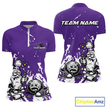 Load image into Gallery viewer, Women’s quarter zip bowling shirt mockup in purple and white splatter background, cartoon drunk bowling pin with beer bottle and bowling ball artwork