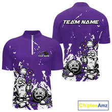Load image into Gallery viewer, Front and back view of a men’s quarter-zip bowling shirt mockup in purple and white, featuring splatter background drunk bowling pin holding beer and ball.