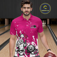 Load image into Gallery viewer, Male model in a bowling lane wearing a pink and white polo shirt, playful drunk bowling pin artwork with beer bottle and bowling ball.