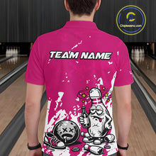 Load image into Gallery viewer, Back view of a male bowler wearing a pink and white polo shirt, splatter-textured drunk bowling pin illustration holding beer bottle and bowling ball.