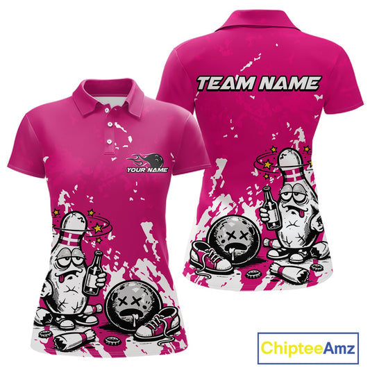 Front and back view of a women’s polo shirt mockup in pink and white, featuring splatter-style drunk bowling pin holding beer bottle and bowling ball design.