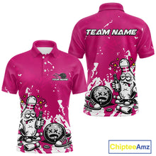 Load image into Gallery viewer, Front and back view of a men’s polo shirt mockup in pink and white, featuring splatter-style drunk bowling pin holding beer bottle and bowling ball.