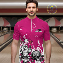 Load image into Gallery viewer, Male model in a bowling lane wearing a pink and white quarter-zip shirt, playful splatter background drunk bowling pin holding beer and ball.