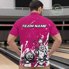 Load image into Gallery viewer, Male model at a bowling lane wearing a pink and white quarter-zip shirt, splatter-themed drunk bowling pin artwork with beer bottle and ball.