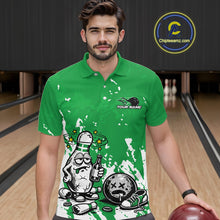 Load image into Gallery viewer, Male model in a bowling lane wearing a green and white polo shirt, humorous drunk bowling pin artwork with beer bottle and bowling ball over splatter background.