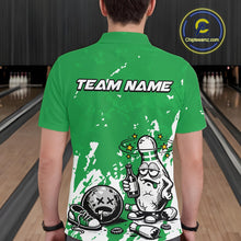 Load image into Gallery viewer, Back view of a male bowler wearing a green and white polo shirt, splatter-style drunk bowling pin illustration holding beer bottle and bowling ball.