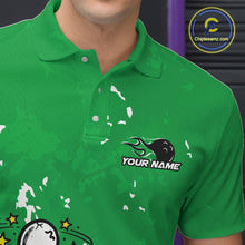Load image into Gallery viewer, Close-up view of left chest area of a green and white polo shirt, showing small detailed drunk bowling pin graphic with beer bottle and bowling ball.