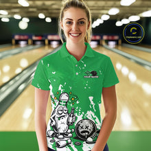 Load image into Gallery viewer, Female model at a bowling lane wearing a green and white polo shirt, humorous drunk bowling pin artwork with beer bottle and bowling ball over splatter background.