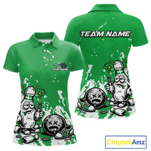 Load image into Gallery viewer, Front and back view of a women’s polo shirt mockup in green and white, featuring playful splatter-style drunk bowling pin holding beer bottle and bowling ball.