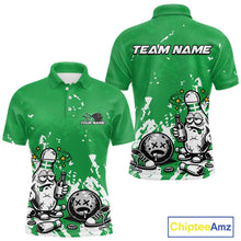 Load image into Gallery viewer, Front and back view of a men’s polo shirt mockup in green and white, featuring splatter-style drunk cartoon bowling pin holding beer bottle and bowling ball.