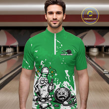 Load image into Gallery viewer, Male model in a bowling lane wearing a green and white quarter-zip shirt, splatter background drunk bowling pin holding beer bottle and bowling ball.