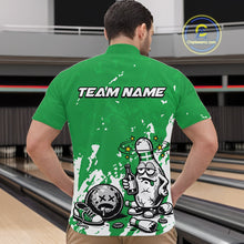 Load image into Gallery viewer, Male model at a bowling lane wearing a green and white quarter-zip shirt, splatter graphic drunk bowling pin artwork with beer and bowling ball.