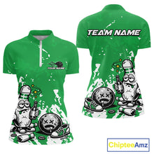Load image into Gallery viewer, Women’s quarter zip bowling shirt mockup in green and white, splatter background style, cartoon drunk bowling pin holding beer and bowling ball illustration