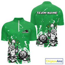 Load image into Gallery viewer, Front and back view of a men’s quarter-zip bowling shirt mockup in green and white, featuring splatter-style drunk bowling pin with beer and ball design.
