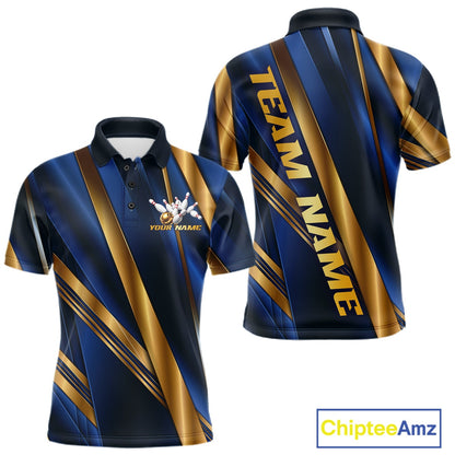 Custom short-sleeve polo shirt shown from the front and back, featuring a navy blue and gold diagonal stripe pattern, a custom crest on the chest, and 'TEAM NAME' printed vertically on the back. A 'ChipteeAmz' logo is visible in the bottom right corner.