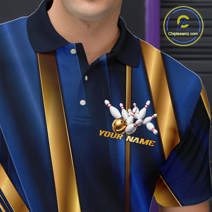 A close-up of a person wearing a short-sleeve polo shirt with vertical navy and metallic gold stripes, featuring a bowling pins and ball graphic with the text 'YOUR NAME' on the chest.
