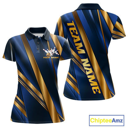 Custom short-sleeve polo shirt shown from the front and back, featuring a navy blue and gold diagonal stripe pattern with a bowling graphic and 'YOUR NAME' on the front chest, and 'TEAM NAME' printed vertically on the back. A 'ChipteeAmz' logo is visible in the bottom right corner.