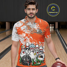 Load image into Gallery viewer, Front view of a male model in a bowling lane wearing an orange and white grunge splatter polo shirt with humorous cartoon bowling pins and beer bottle graphics.