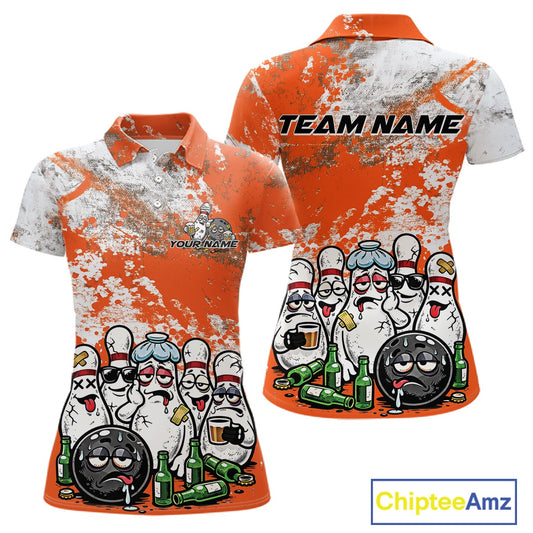 Womens polo shirt mockup front and back, white shirt with orange and white grunge splatter, playful bowling pins, bowling ball and beer bottle graphics