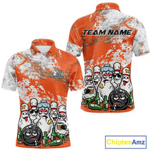 Load image into Gallery viewer, Front and back view of a mens bowling polo shirt mockup featuring orange and white grunge splatter background with cartoon bowling pins and beer bottles surrounding a bowling ball.
