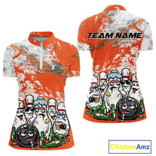 Load image into Gallery viewer, Front and back view of a womens bowling quarter-zip shirt mockup in orange and white grunge splatter design, featuring cartoon bowling pins and beer bottles surrounding a bowling ball.