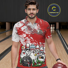 Load image into Gallery viewer, Front view of a male model in a bowling lane wearing a red and white grunge splatter polo shirt with humorous bowling pins and beer bottle scene.
