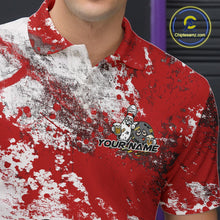 Load image into Gallery viewer, Close-up view of the left chest of a red and white grunge splatter polo shirt showing cartoon bowling pins and beer bottle illustration detail.