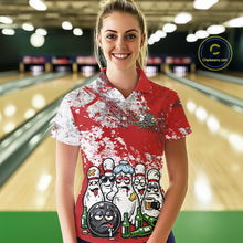 Load image into Gallery viewer, Female model front view in bowling lane wearing white polo featuring red and white splatter graphics, lively bowling pins and beer bottle illustration