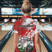 Load image into Gallery viewer, Back view female model at bowling center wearing white polo with red and white grunge splatter, cartoon bowling pins and bowling ball with beer accents