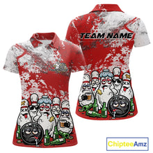 Load image into Gallery viewer, Womens polo shirt mockup front and back, white shirt with red and white grunge splatter, cartoon bowling pins, bowling ball and surrounding beer bottles