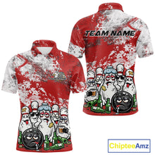 Load image into Gallery viewer, Front and back view of a mens bowling polo shirt mockup featuring red and white grunge splatter background with cartoon bowling pins and beer bottles surrounding a bowling ball.