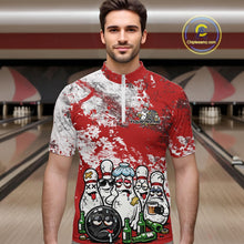 Load image into Gallery viewer, Male model in a bowling lane wearing a quarter zip shirt, front view featuring red and white grunge splatter background with cartoon bowling pins, bowling ball, and beer bottle themed artwork