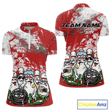 Load image into Gallery viewer, Front and back view of a womens bowling quarter-zip shirt mockup in red and white grunge splatter style, featuring cartoon bowling pins and beer bottles surrounding a bowling ball illustration.