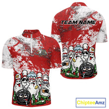 Load image into Gallery viewer, Mens quarter zip bowling shirt mockup displaying red and white grunge splatter design with cartoon bowling pins, bowling ball, and beer bottle themed artwork