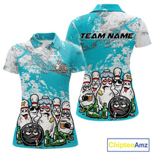 Load image into Gallery viewer, Womens polo shirt mockup front and back, white base with turquoise blue and white grunge splatter, cartoon bowling pins and bowling ball with beer bottles