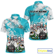 Load image into Gallery viewer, Front and back view of a mens bowling polo shirt mockup featuring turquoise blue and white grunge splatter background with cartoon bowling pins and beer bottle scene.