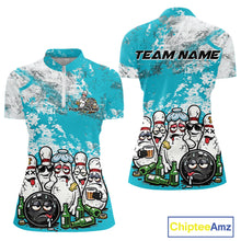 Load image into Gallery viewer, Front and back view of a womens bowling quarter-zip shirt mockup with turquoise blue and white grunge splatter background featuring cartoon bowling pins and beer bottle graphics.