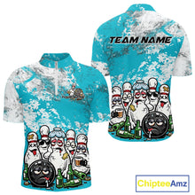 Load image into Gallery viewer, Mens quarter zip bowling shirt mockup featuring turquoise blue and white grunge splatter design with cartoon bowling pins, bowling ball, and beer bottle themed artwork