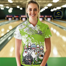 Load image into Gallery viewer, Female model front view at bowling lane wearing white polo with green and white grunge splatter, cartoon bowling pins and bowling ball surrounded by beer bottles