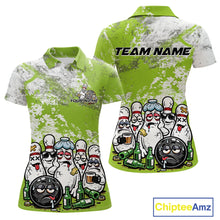 Load image into Gallery viewer, Front and back womens polo shirt mockup, white shirt with green and white grunge splatter, playful bowling pins characters and beer bottle themed graphics