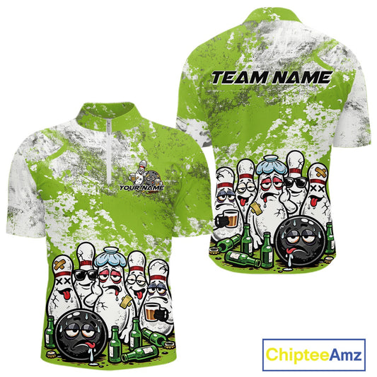 Mens quarter zip bowling shirt mockup displaying green and white grunge splatter background with playful cartoon bowling pins, bowling ball, and beer bottle themed graphics