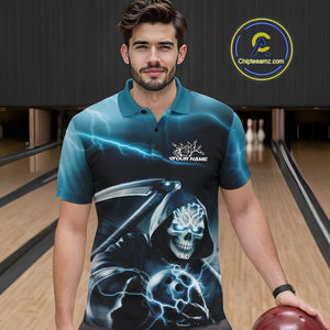 Custom Blue Lightning Grim Reaper Bowling Polo Shirts For Men, Halloween Bowling Jerseys IPHW9843