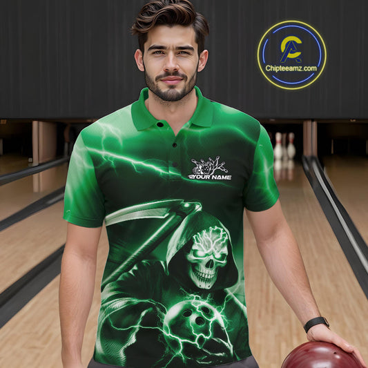 Custom Green Lightning Grim Reaper Bowling Polo Shirts For Men, Halloween Bowling Jerseys IPHW9844