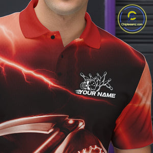 Custom Red Lightning Grim Reaper Bowling Polo Shirts For Men, Halloween Bowling Jerseys IPHW9845