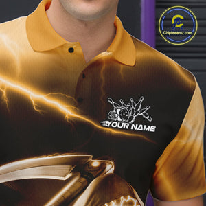 Custom Yellow Lightning Grim Reaper Bowling Polo Shirts For Men, Halloween Bowling Jerseys IPHW9846