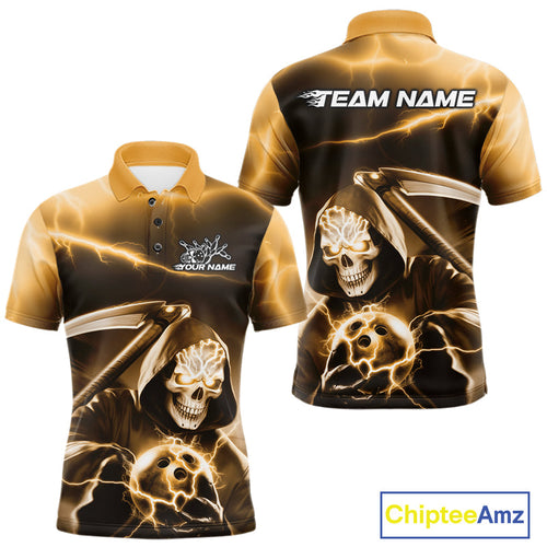 Custom Yellow Lightning Grim Reaper Bowling Polo Shirts For Men, Halloween Bowling Jerseys IPHW9846
