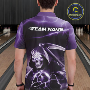 Custom Purple Lightning Grim Reaper Bowling Polo Shirts For Men, Halloween Bowling Jerseys IPHW9847